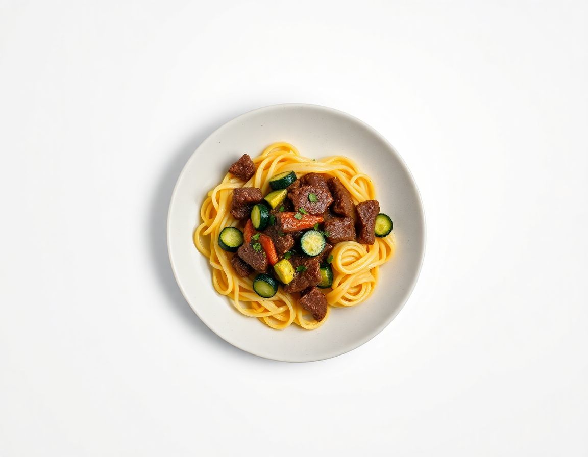 Говядина с макаронами и кабачком