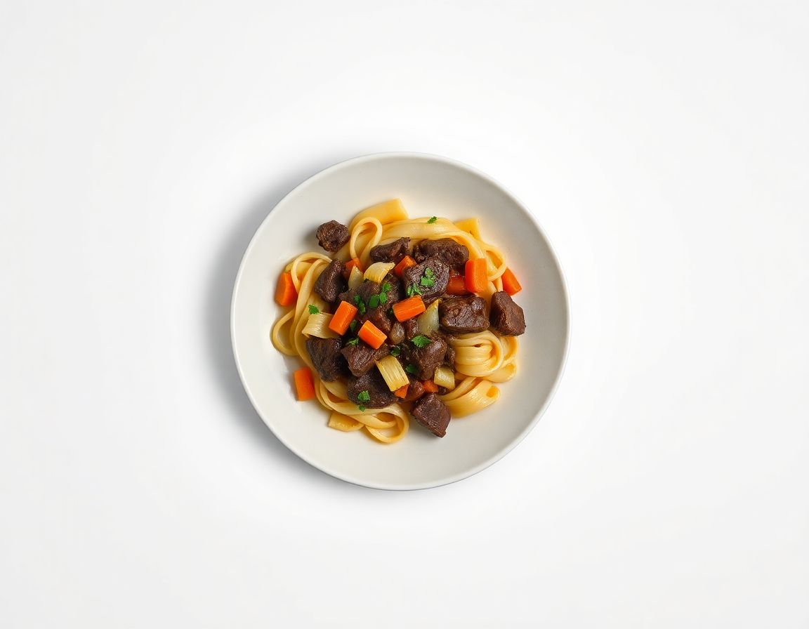 Говядина с макаронами и овощами