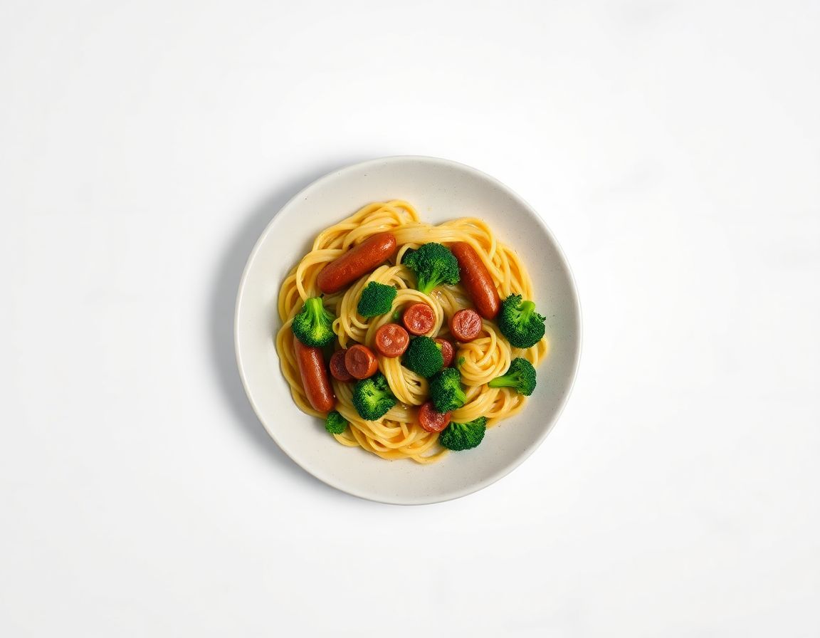 Сосиски с макаронами и брокколи