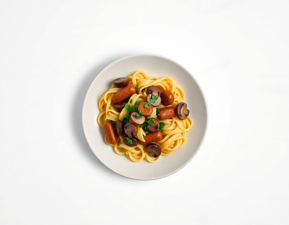 Сосиски с макаронами и грибами