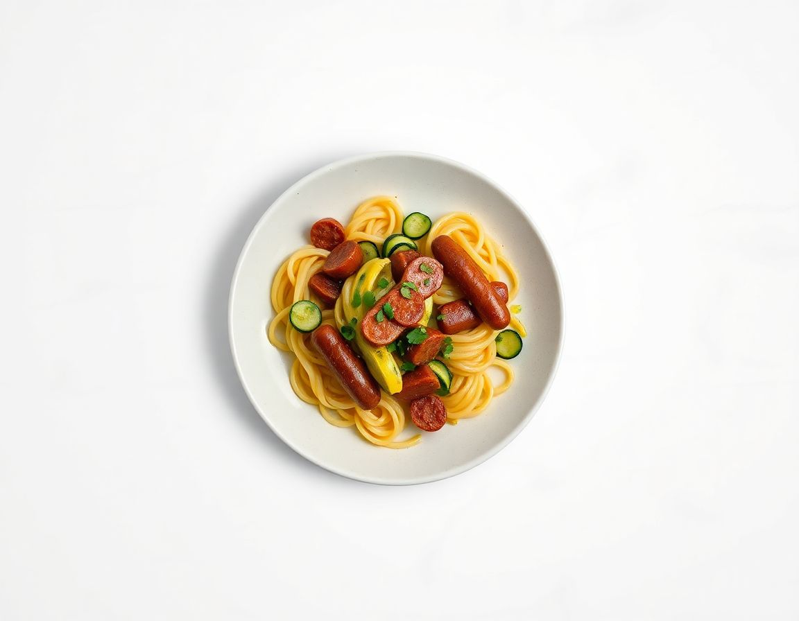 Сосиски с макаронами и кабачком