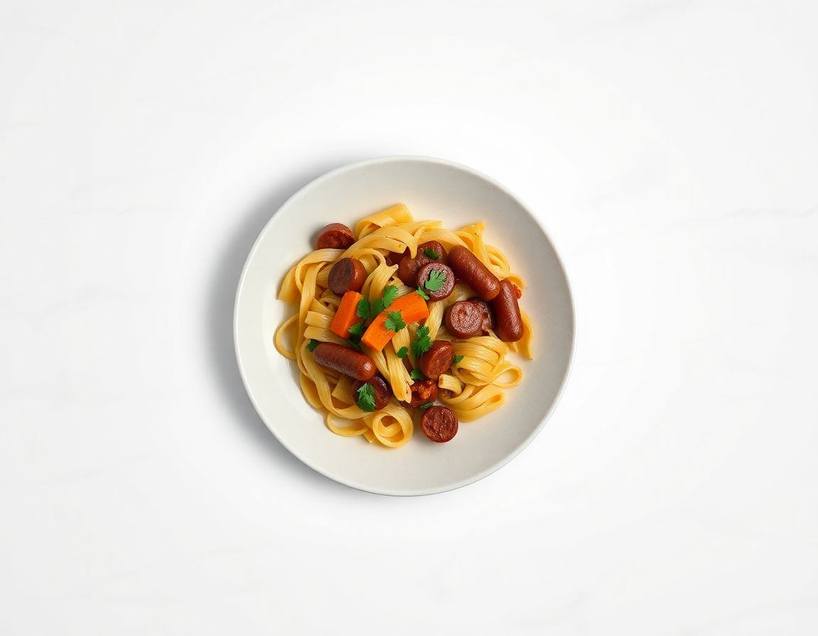 Сосиски с макаронами и овощами