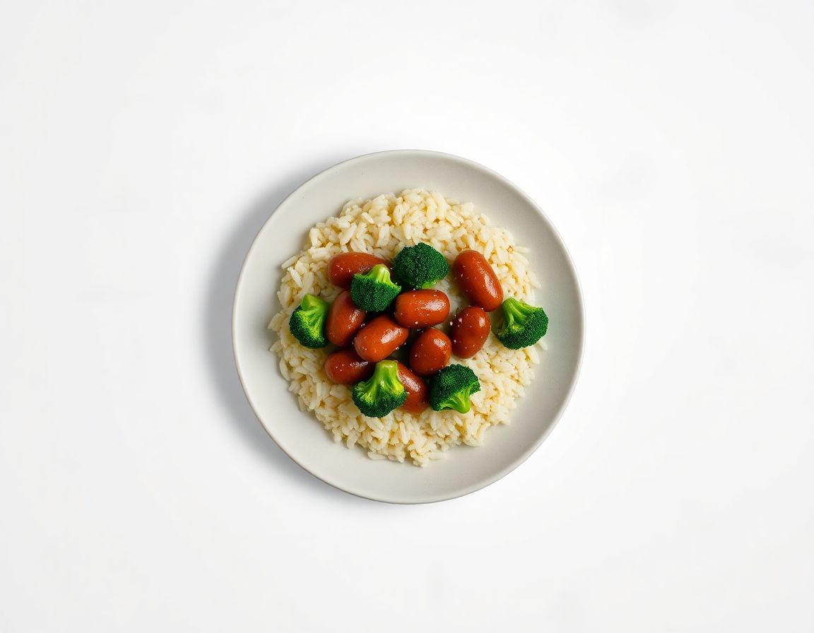 Сосиски с рисом и брокколи