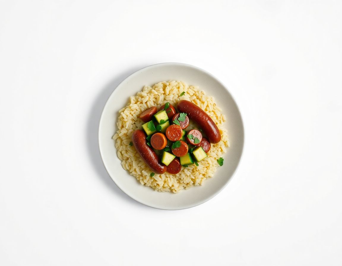 Сосиски с рисом и кабачком
