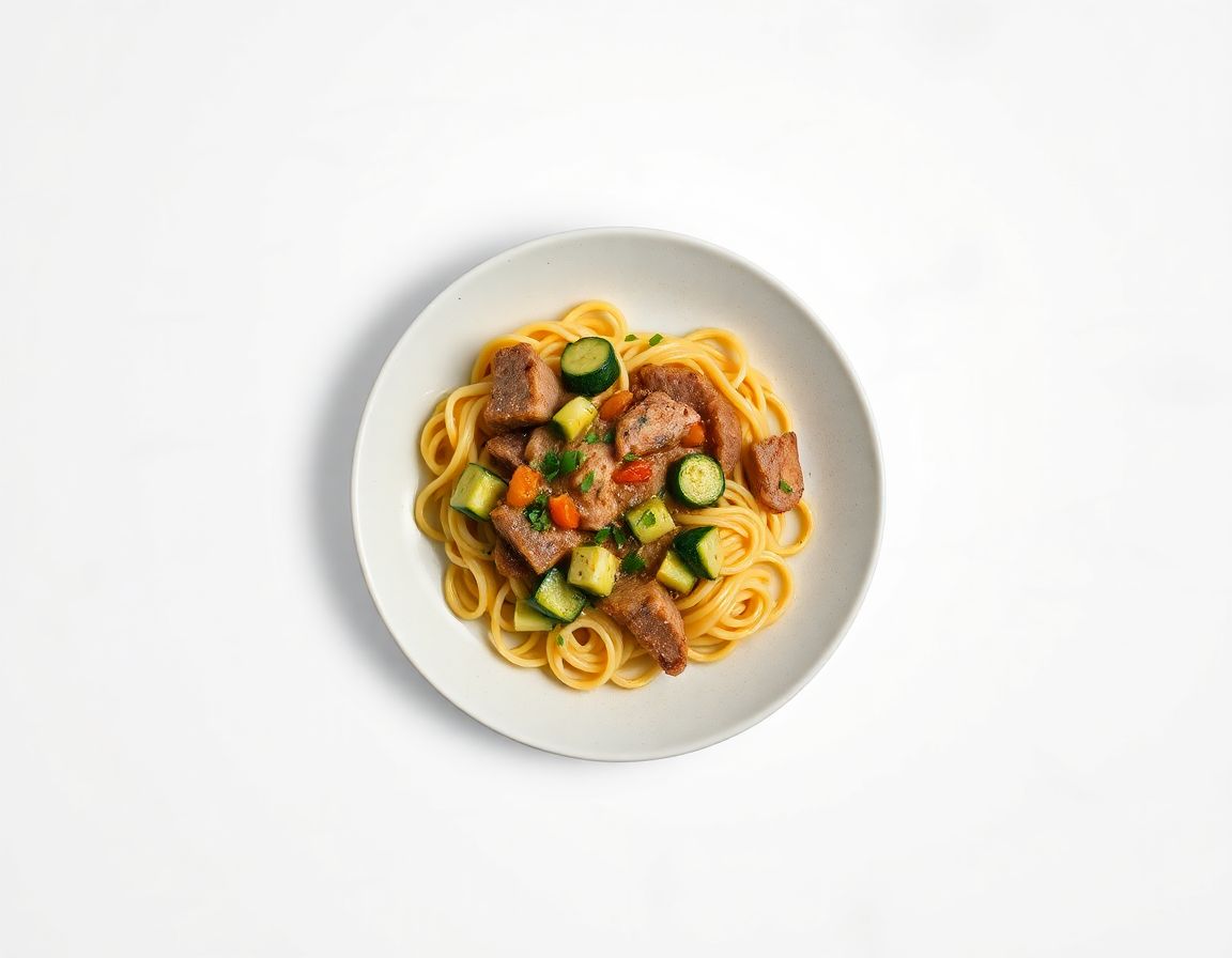 Свинина с макаронами и кабачком